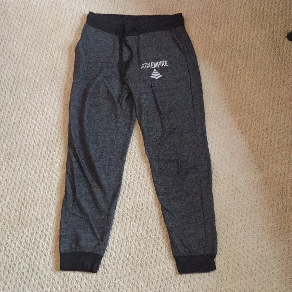 Women’s Black and gray iron Empire joggers.